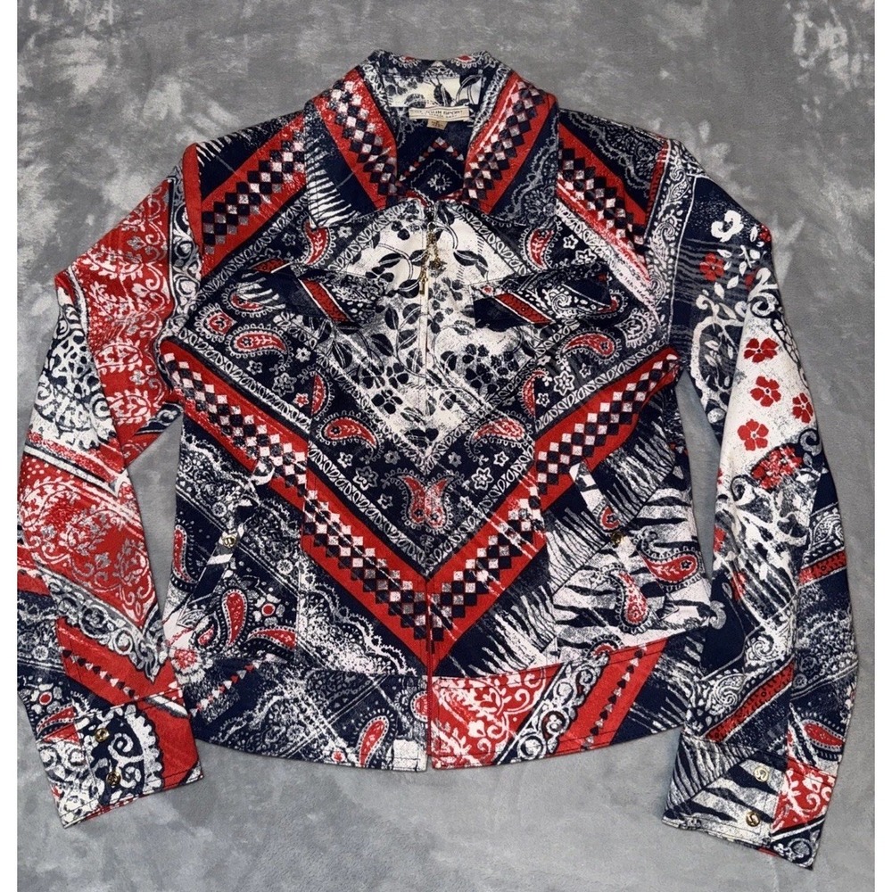 ST. John Sport Marie Gray Jacket Women's Size P Zip Red White Blue Print Mature
